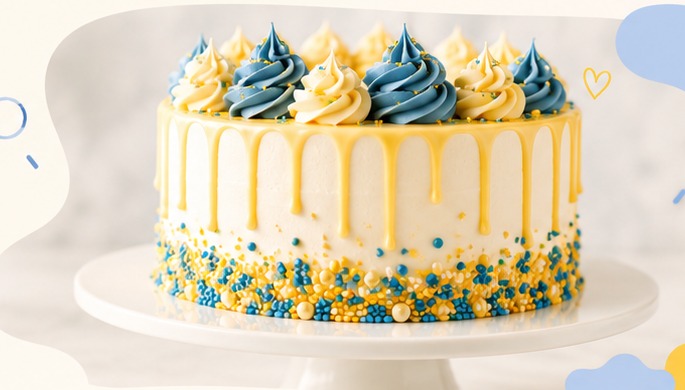 Blue and yellow celebration cake